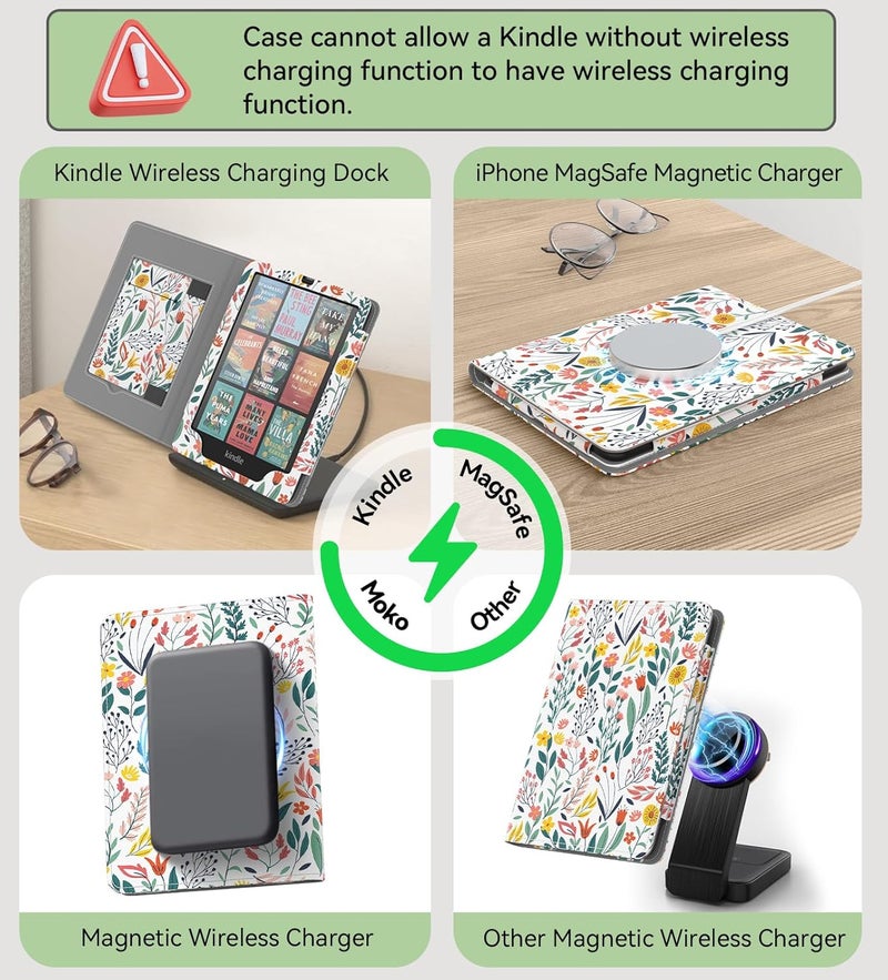 MoKo Magnetic Case for 7"/6.8" Kindle Paperwhite Signature Edition(12th/11th Gen-2024/2022) and Kindle Colorsoft-Compatible with iPhone Magsafe for Samsung/Anker Wireless Charging Pads, Flowers - Image 3